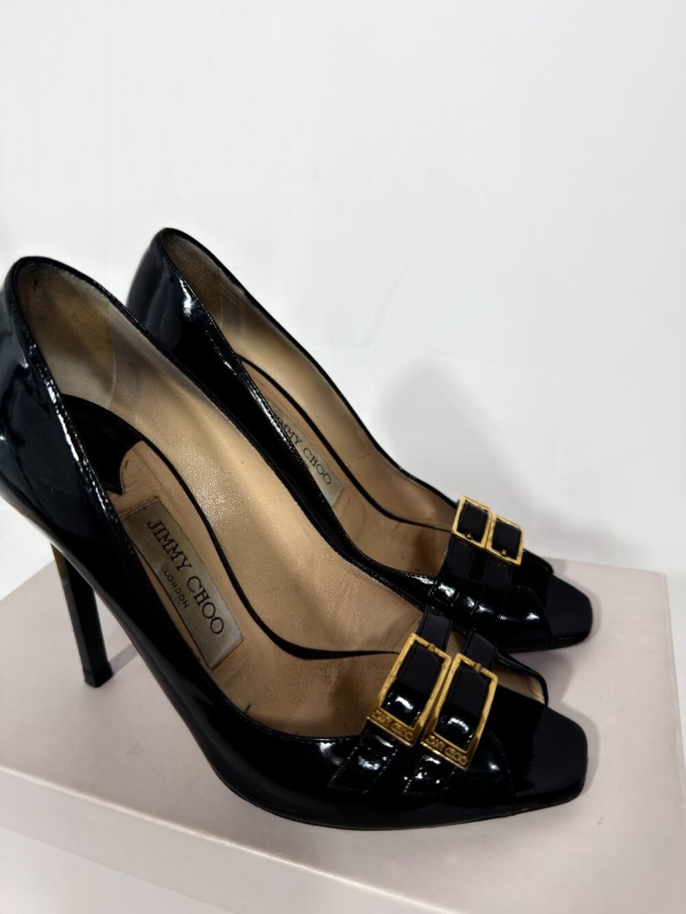 Jimmy Choo Serene 100 Patent Leather Heels Black Gold Buckle Size 37